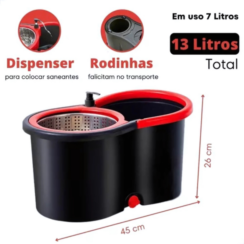 Mop Balde Esfregão Giratório Pró 13L com Rodinhas e Alça Flexível – Refil Microfibra Lavável, Cabo 125cm 3 Partes