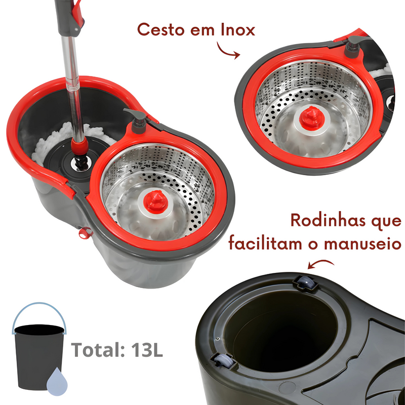 Mop Balde Esfregão Giratório Pró 13L com Rodinhas e Alça Flexível – Refil Microfibra Lavável, Cabo 125cm 3 Partes