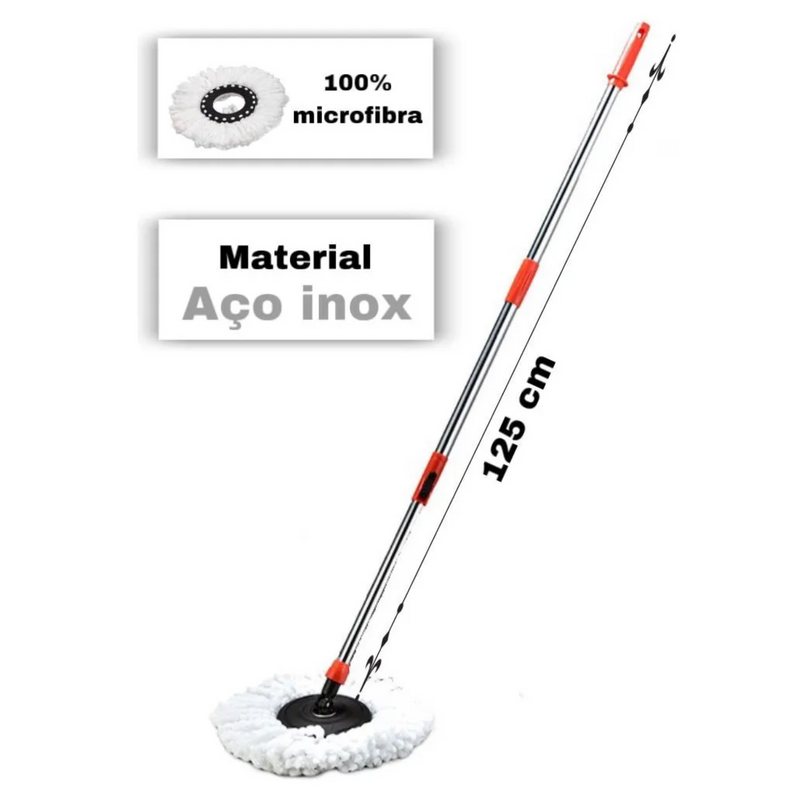 Mop Balde Esfregão Giratório Pró 13L com Rodinhas e Alça Flexível – Refil Microfibra Lavável, Cabo 125cm 3 Partes