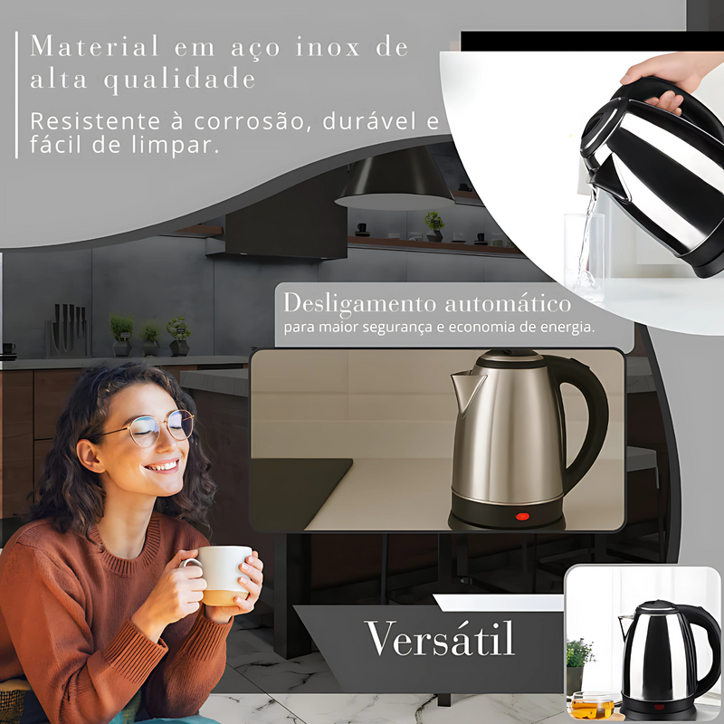 Chaleira Elétrica Inox Atacama Unitermi 1.8L – 1800W de Potência, Base 360º, Desligamento Automático e Design Moderno, 220v