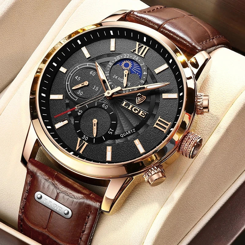 2025 novos relógios masculinos lige marca superior de luxo couro casual relógio quartzo esporte à prova dwaterproof água relógio relogio masculino + caixa