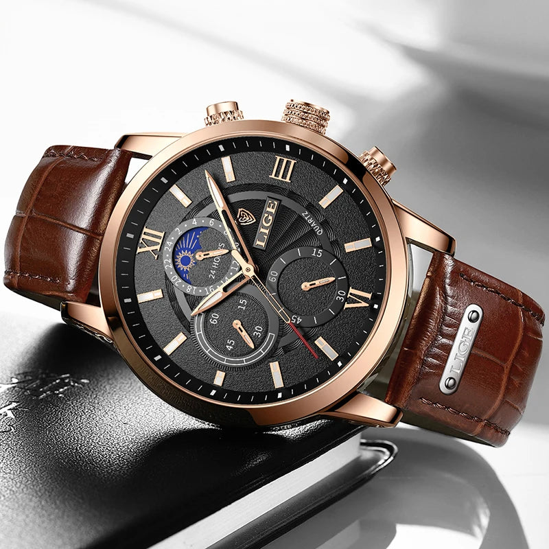 2025 novos relógios masculinos lige marca superior de luxo couro casual relógio quartzo esporte à prova dwaterproof água relógio relogio masculino + caixa