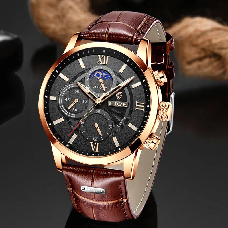 2025 novos relógios masculinos lige marca superior de luxo couro casual relógio quartzo esporte à prova dwaterproof água relógio relogio masculino + caixa