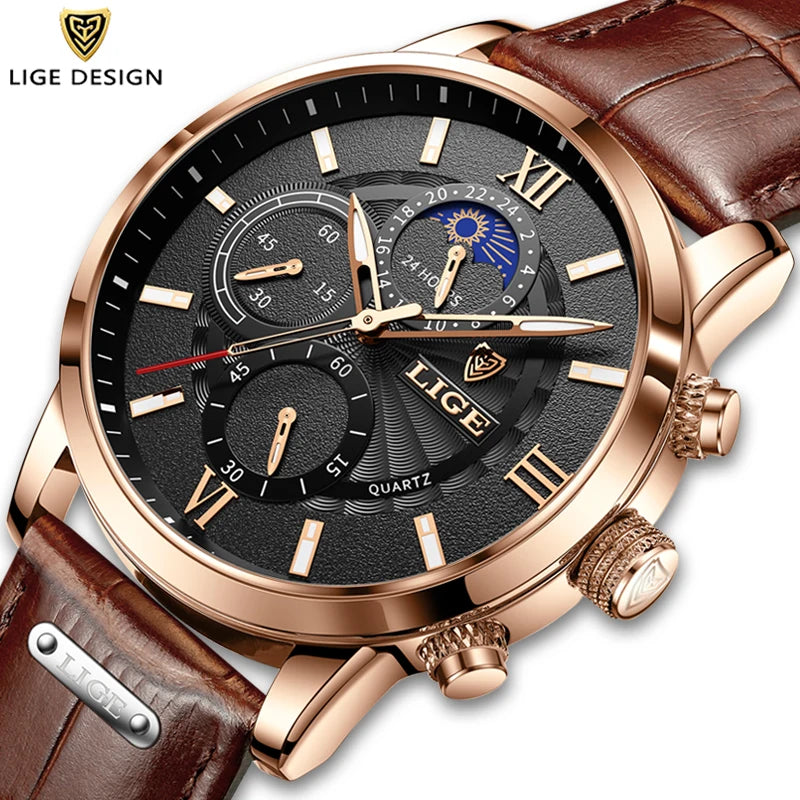 2025 novos relógios masculinos lige marca superior de luxo couro casual relógio quartzo esporte à prova dwaterproof água relógio relogio masculino + caixa