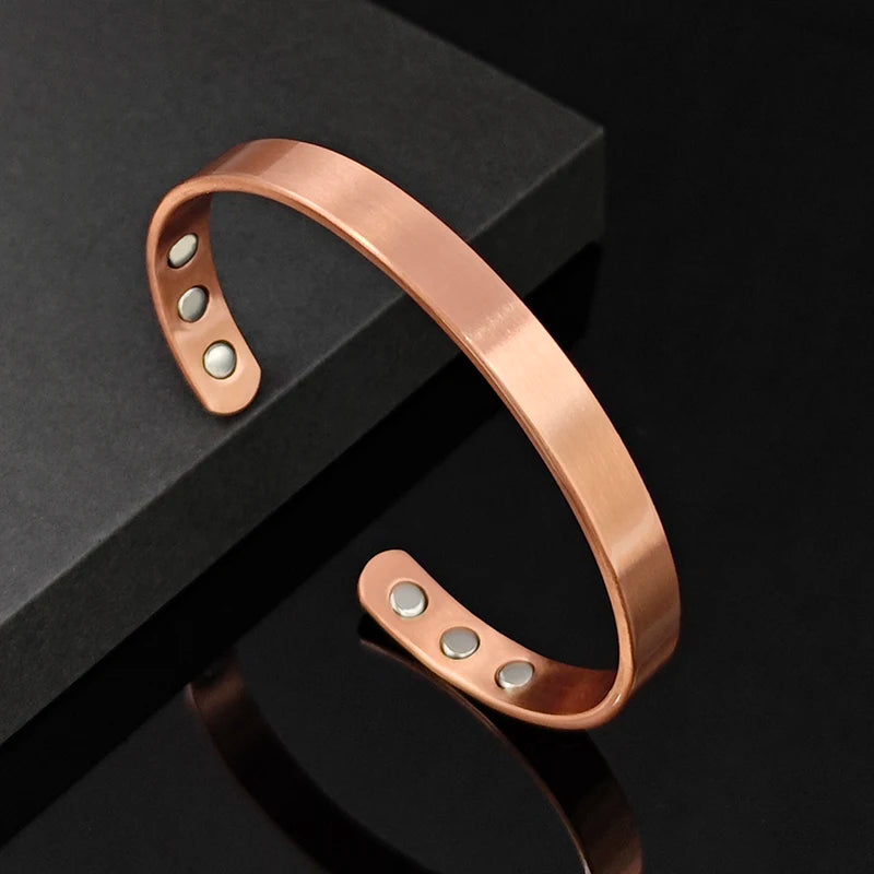 Conjunto de pulseiras e anéis de cobre puro simplicidade manguito pulseiras magnéticas para mulheres homens artrite saúde jóias de cobre sólido