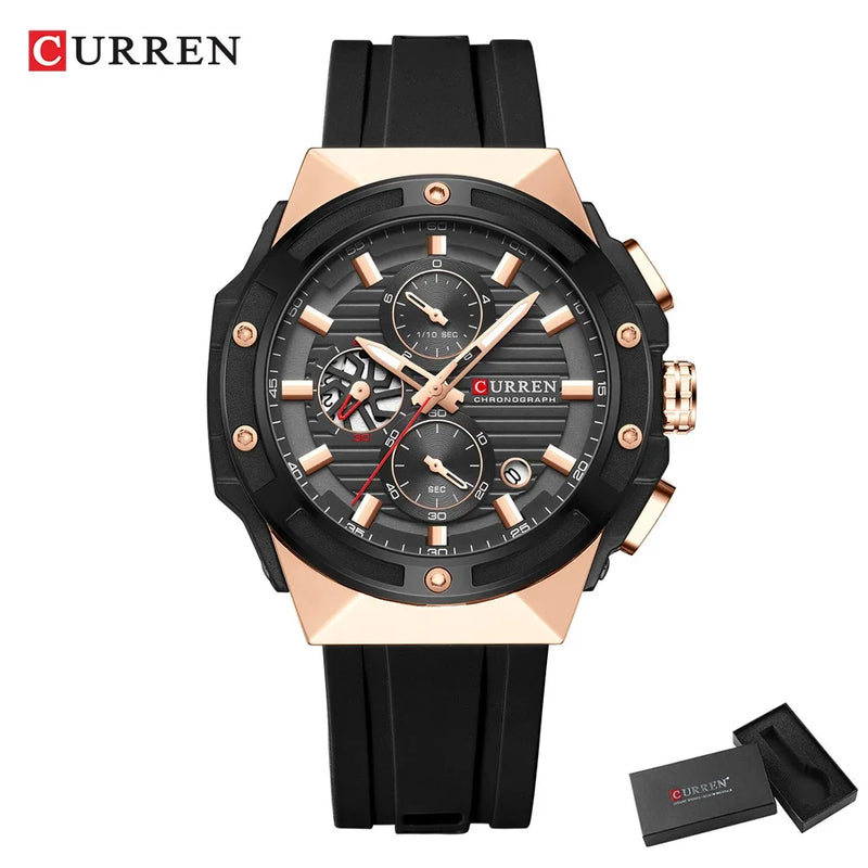 CURREN Moda Esportes Multifuncional Cronógrafo Relógio de Quartzo com Pulseira de Silicone Design Criativo Mostrador Luminoso Mãos