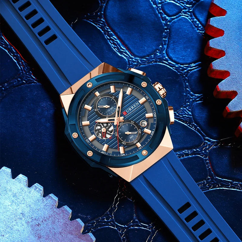 CURREN Moda Esportes Multifuncional Cronógrafo Relógio de Quartzo com Pulseira de Silicone Design Criativo Mostrador Luminoso Mãos