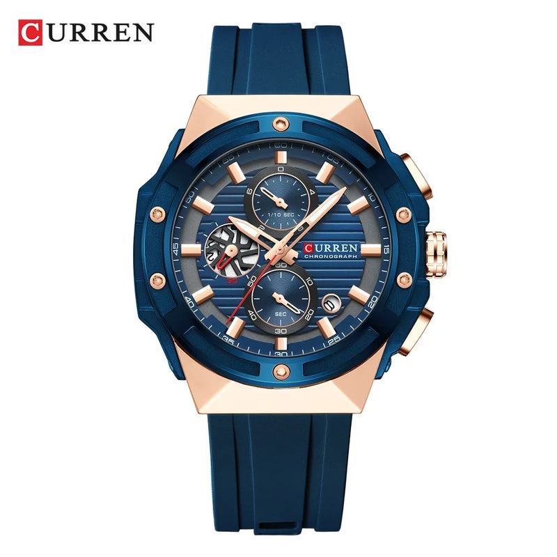CURREN Moda Esportes Multifuncional Cronógrafo Relógio de Quartzo com Pulseira de Silicone Design Criativo Mostrador Luminoso Mãos