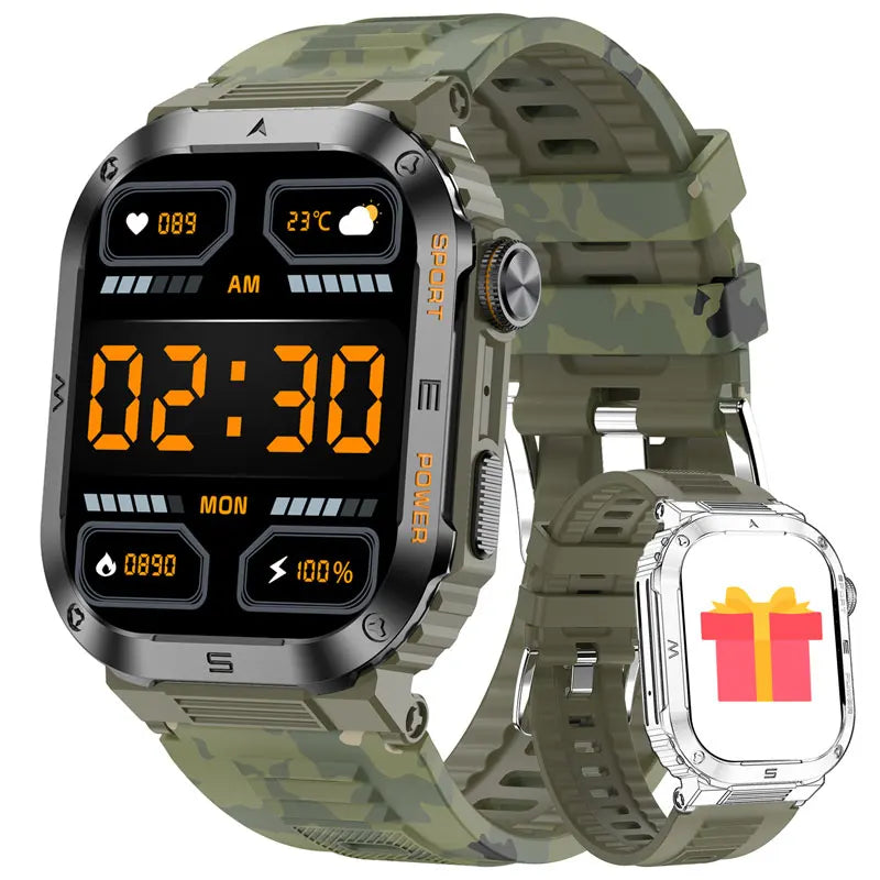 Relógio inteligente ao ar livre para homens, 400mAh bateria grande, rastreador de fitness, frequência cardíaca, IP67 impermeável, chamada bluetooth, esporte smartwatch militar