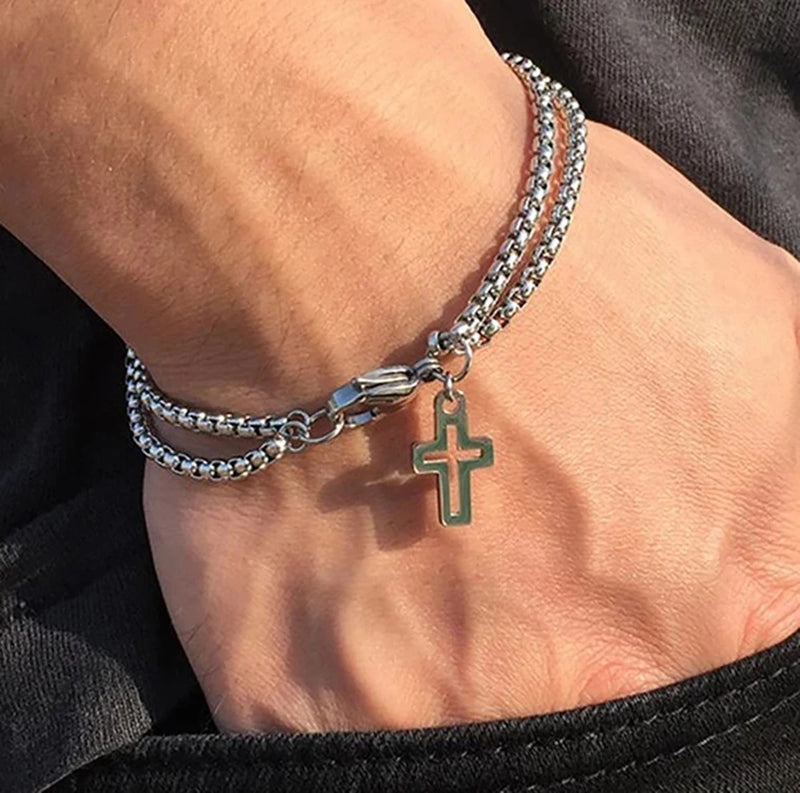 Moda masculina dupla corrente cruz oco pulseiras de pulso lagosta garra fecho pulseira de aço inoxidável hip hop punk festa jóias