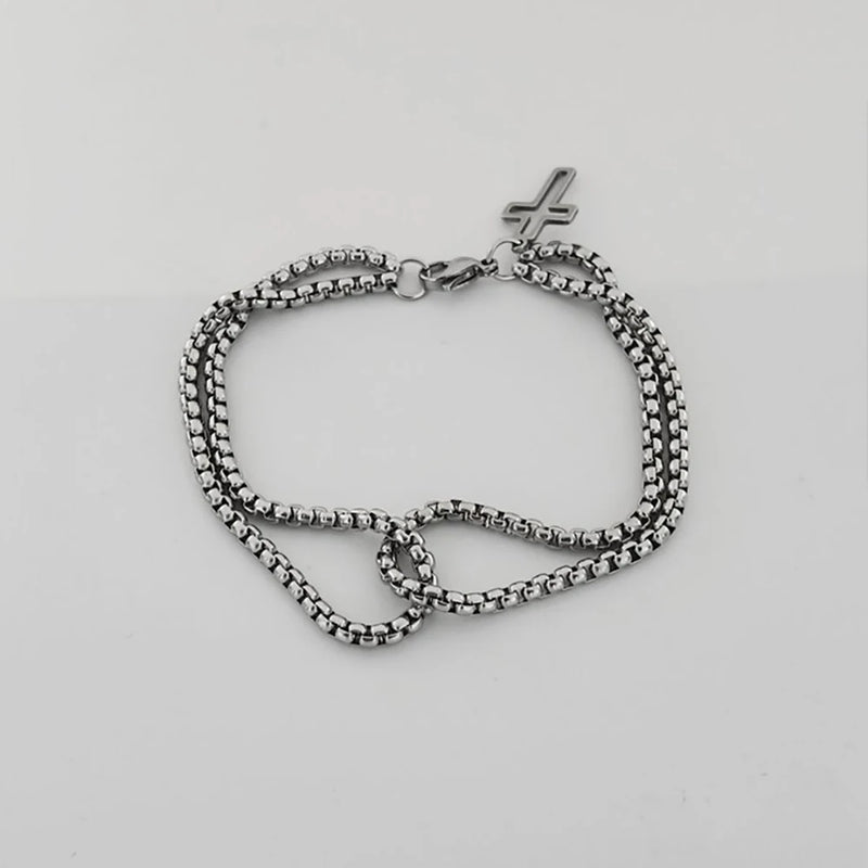 Moda masculina dupla corrente cruz oco pulseiras de pulso lagosta garra fecho pulseira de aço inoxidável hip hop punk festa jóias