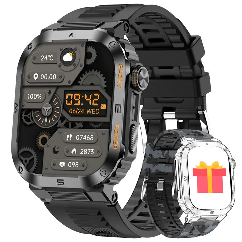 Relógio inteligente ao ar livre para homens, 400mAh bateria grande, rastreador de fitness, frequência cardíaca, IP67 impermeável, chamada bluetooth, esporte smartwatch militar