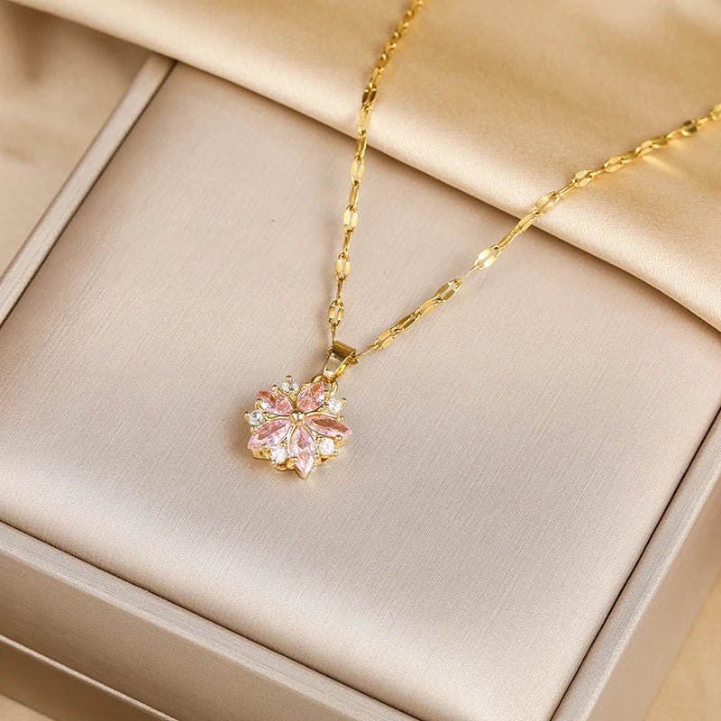 Colares de pingente de aço inoxidável para mulheres, bonito romântico rosa Sakura, moda coreana, feminino Sexy Clavícula Cadeia, presente da jóia, novo