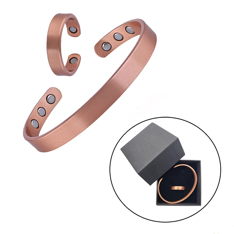 Conjunto de pulseiras e anéis de cobre puro simplicidade manguito pulseiras magnéticas para mulheres homens artrite saúde jóias de cobre sólido
