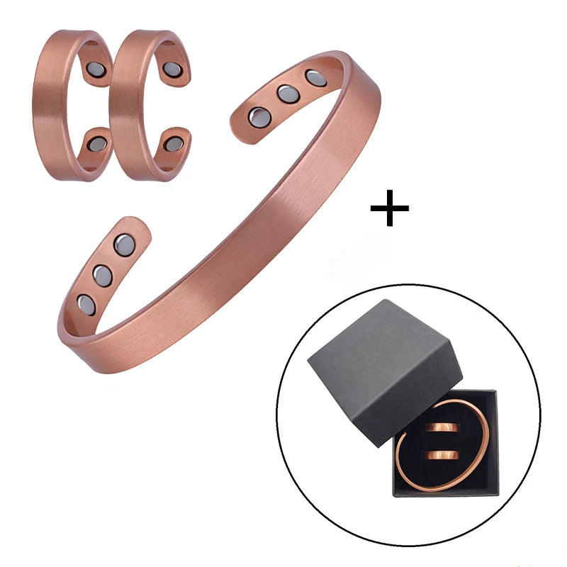 Conjunto de pulseiras e anéis de cobre puro simplicidade manguito pulseiras magnéticas para mulheres homens artrite saúde jóias de cobre sólido