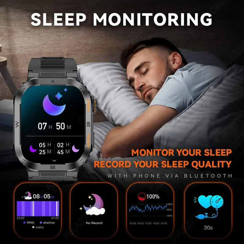 Relógio inteligente ao ar livre para homens, 400mAh bateria grande, rastreador de fitness, frequência cardíaca, IP67 impermeável, chamada bluetooth, esporte smartwatch militar