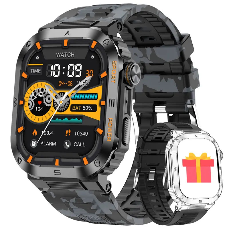 Relógio inteligente ao ar livre para homens, 400mAh bateria grande, rastreador de fitness, frequência cardíaca, IP67 impermeável, chamada bluetooth, esporte smartwatch militar