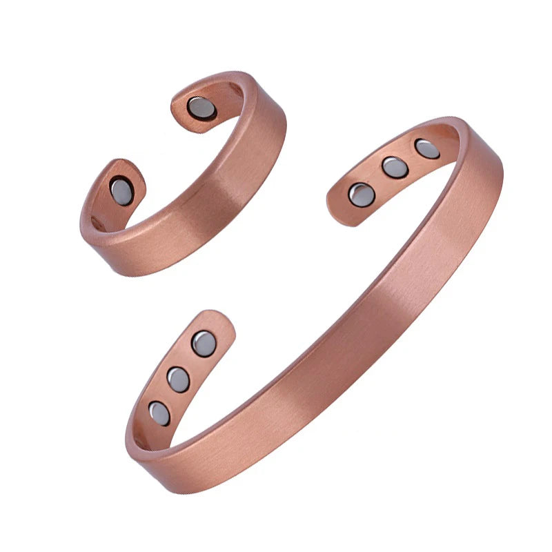 Conjunto de pulseiras e anéis de cobre puro simplicidade manguito pulseiras magnéticas para mulheres homens artrite saúde jóias de cobre sólido