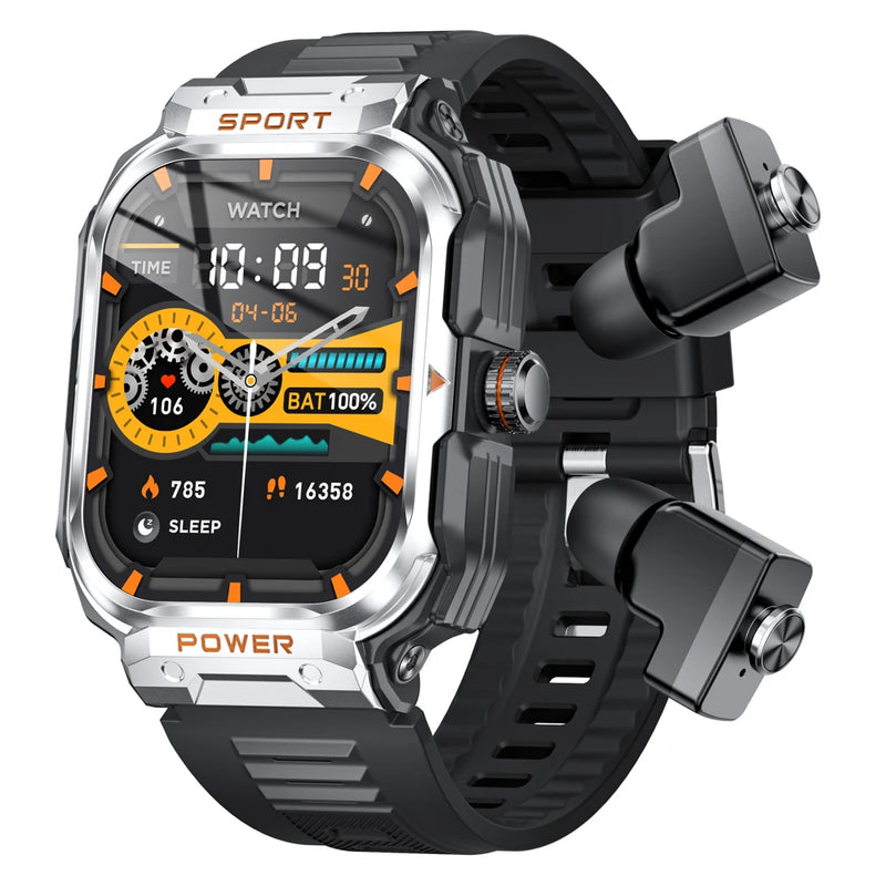 Smart Watch com Monitor de Freqüência Cardíaca para Homens e Mulheres, 2 em 1, TWS Headset, Música NFC, Fone de Ouvido ao Ar Livre, Esportes Fitness, Blue Tooth Call