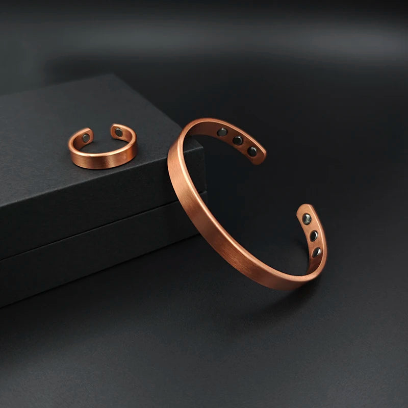Conjunto de pulseiras e anéis de cobre puro simplicidade manguito pulseiras magnéticas para mulheres homens artrite saúde jóias de cobre sólido