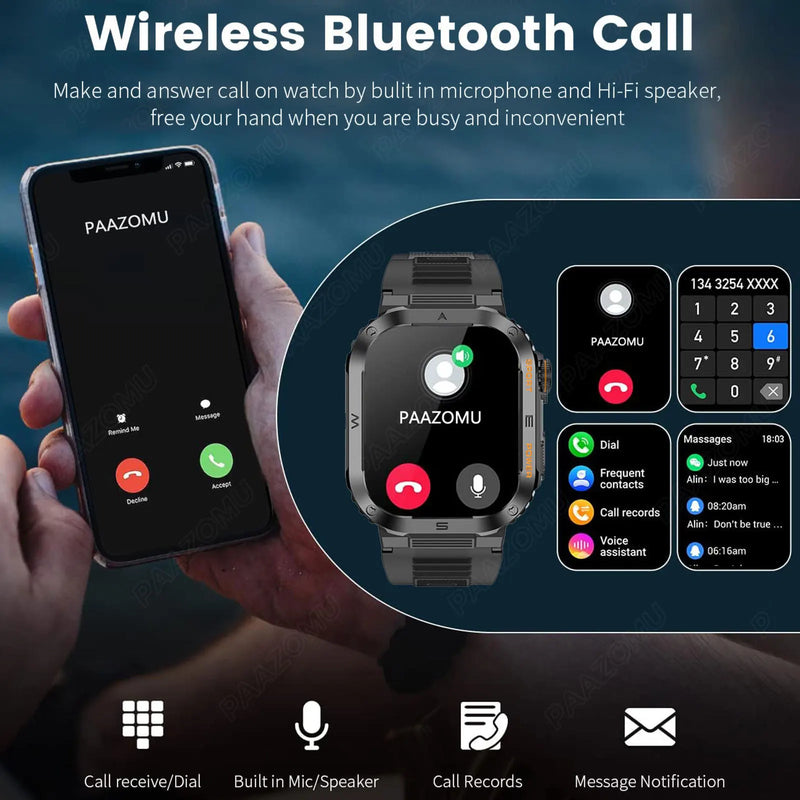 Relógio inteligente ao ar livre para homens, 400mAh bateria grande, rastreador de fitness, frequência cardíaca, IP67 impermeável, chamada bluetooth, esporte smartwatch militar