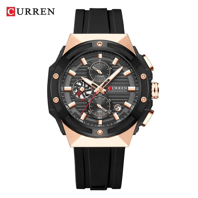 CURREN Moda Esportes Multifuncional Cronógrafo Relógio de Quartzo com Pulseira de Silicone Design Criativo Mostrador Luminoso Mãos