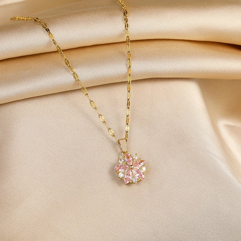 Colares de pingente de aço inoxidável para mulheres, bonito romântico rosa Sakura, moda coreana, feminino Sexy Clavícula Cadeia, presente da jóia, novo