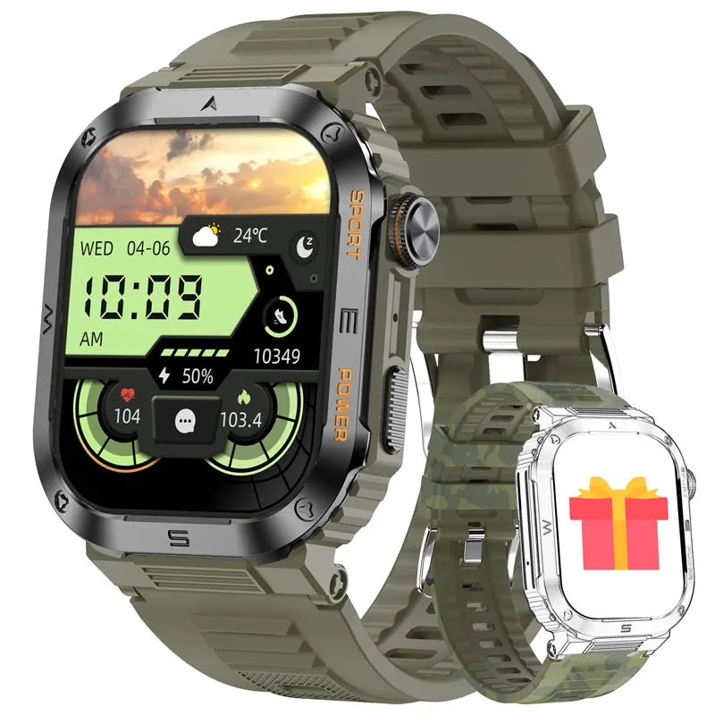 Relógio inteligente ao ar livre para homens, 400mAh bateria grande, rastreador de fitness, frequência cardíaca, IP67 impermeável, chamada bluetooth, esporte smartwatch militar