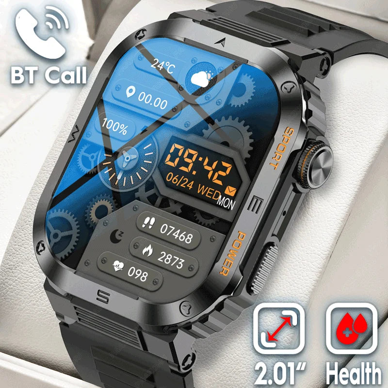 Relógio inteligente ao ar livre para homens, 400mAh bateria grande, rastreador de fitness, frequência cardíaca, IP67 impermeável, chamada bluetooth, esporte smartwatch militar