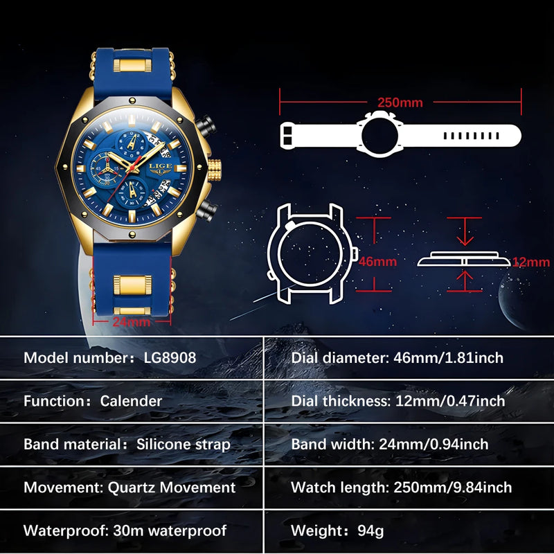 2024 LIGE Nova Moda Mens Relógios Top Marca de Luxo Silicone Esporte Relógio Homens Quartzo Data Relógio de Pulso À Prova D 'Água Cronógrafo