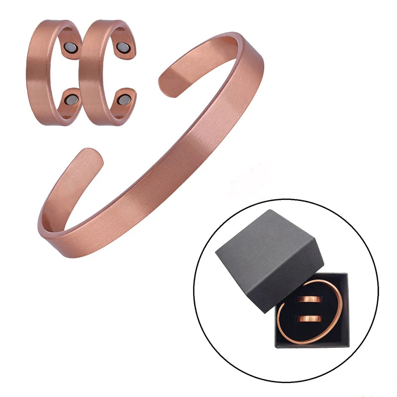Conjunto de pulseiras e anéis de cobre puro simplicidade manguito pulseiras magnéticas para mulheres homens artrite saúde jóias de cobre sólido