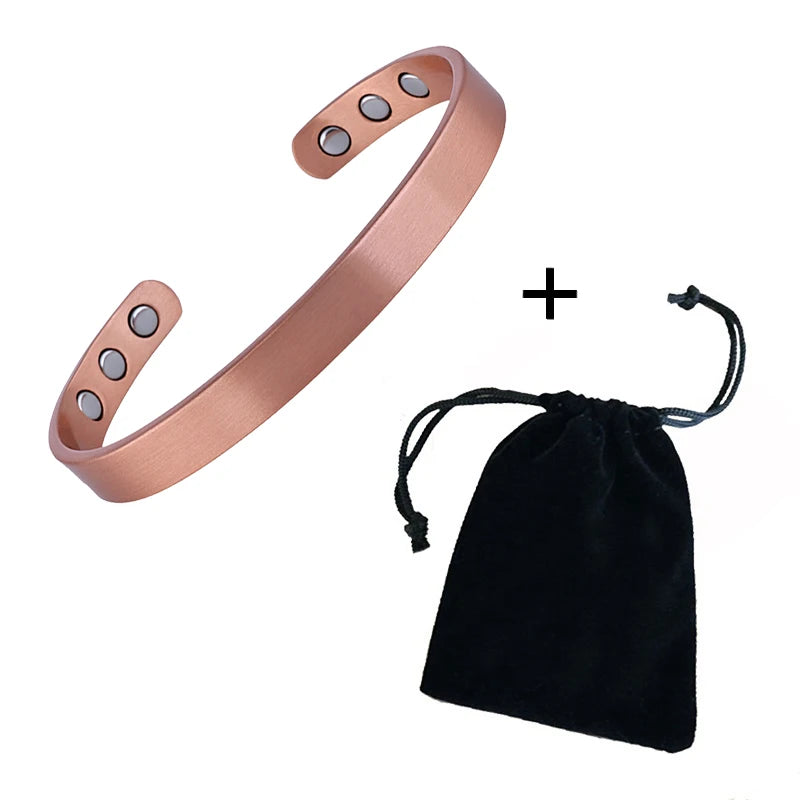 Conjunto de pulseiras e anéis de cobre puro simplicidade manguito pulseiras magnéticas para mulheres homens artrite saúde jóias de cobre sólido