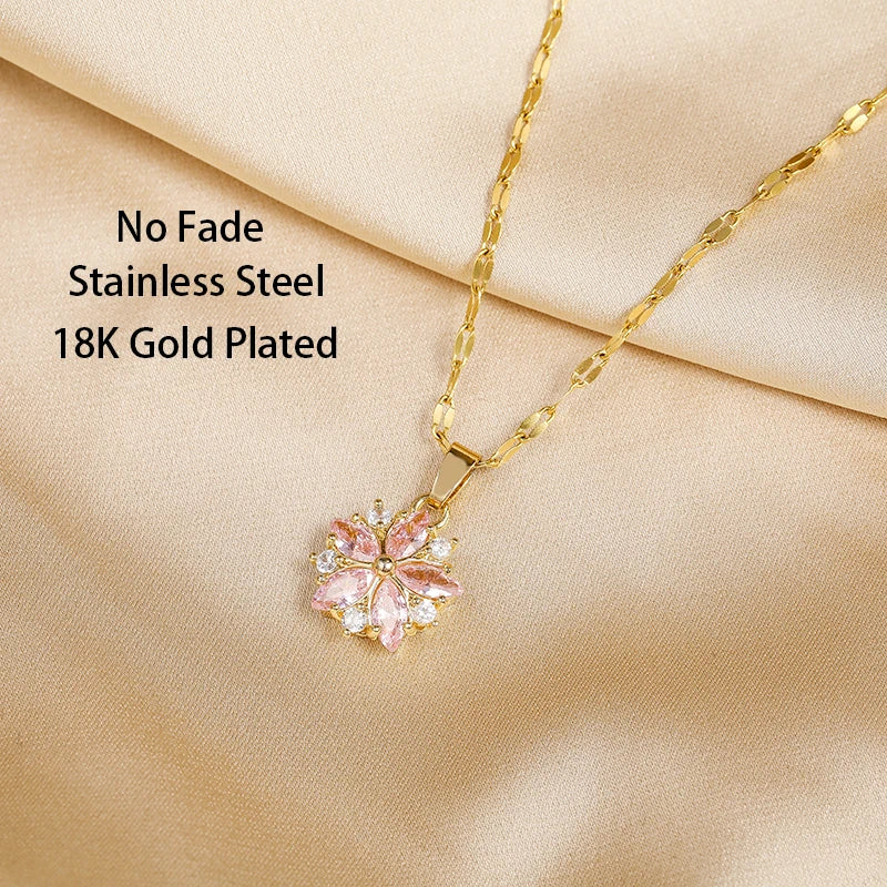 Colares de pingente de aço inoxidável para mulheres, bonito romântico rosa Sakura, moda coreana, feminino Sexy Clavícula Cadeia, presente da jóia, novo