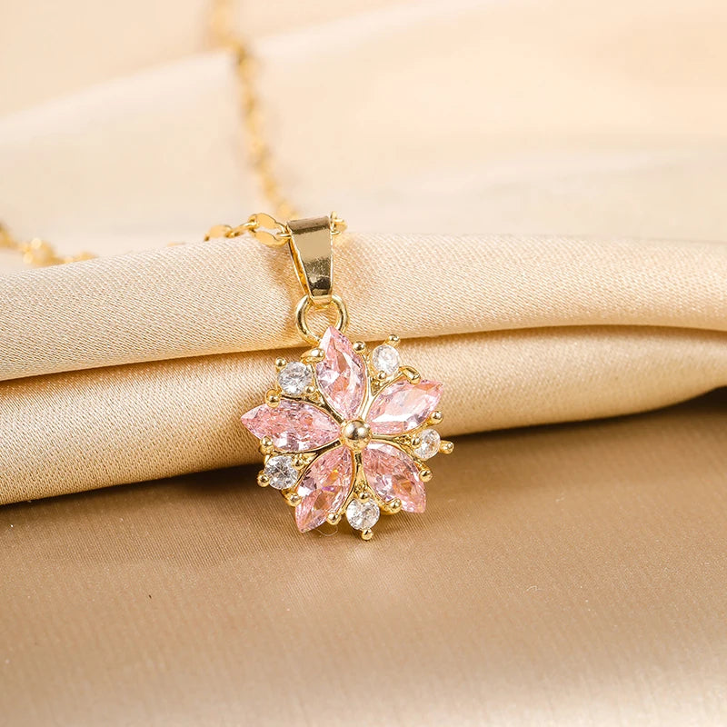 Colares de pingente de aço inoxidável para mulheres, bonito romântico rosa Sakura, moda coreana, feminino Sexy Clavícula Cadeia, presente da jóia, novo