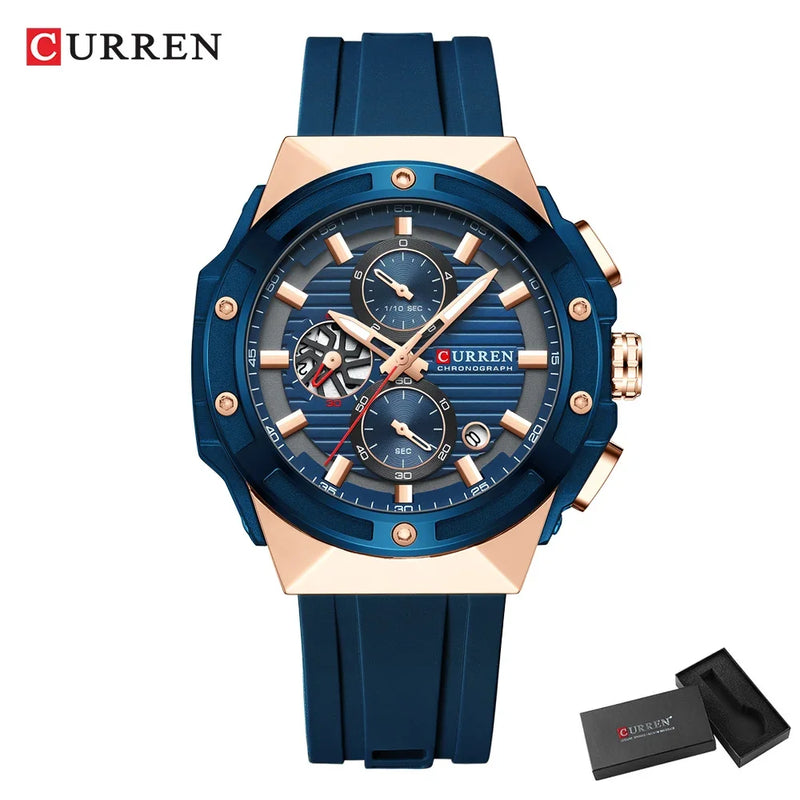 CURREN Moda Esportes Multifuncional Cronógrafo Relógio de Quartzo com Pulseira de Silicone Design Criativo Mostrador Luminoso Mãos