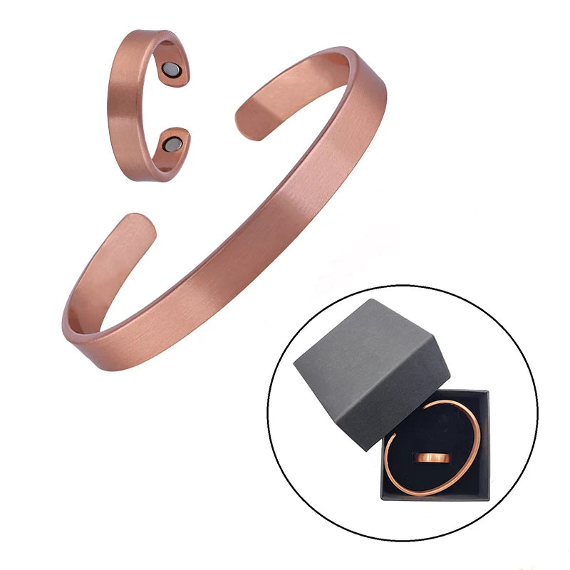 Conjunto de pulseiras e anéis de cobre puro simplicidade manguito pulseiras magnéticas para mulheres homens artrite saúde jóias de cobre sólido