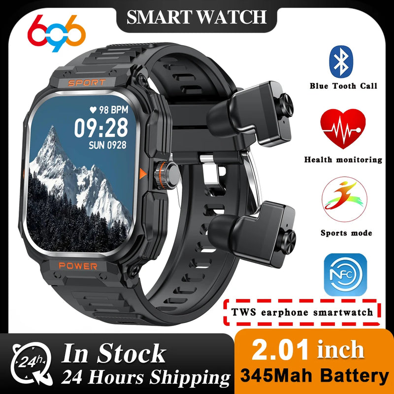Smart Watch com Monitor de Freqüência Cardíaca para Homens e Mulheres, 2 em 1, TWS Headset, Música NFC, Fone de Ouvido ao Ar Livre, Esportes Fitness, Blue Tooth Call