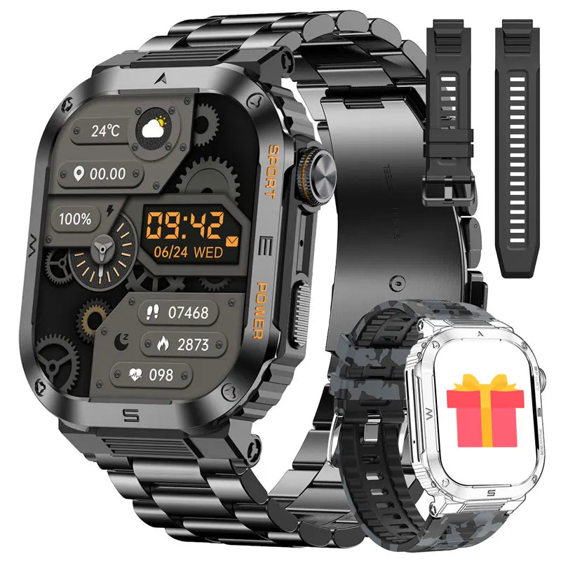 Relógio inteligente ao ar livre para homens, 400mAh bateria grande, rastreador de fitness, frequência cardíaca, IP67 impermeável, chamada bluetooth, esporte smartwatch militar