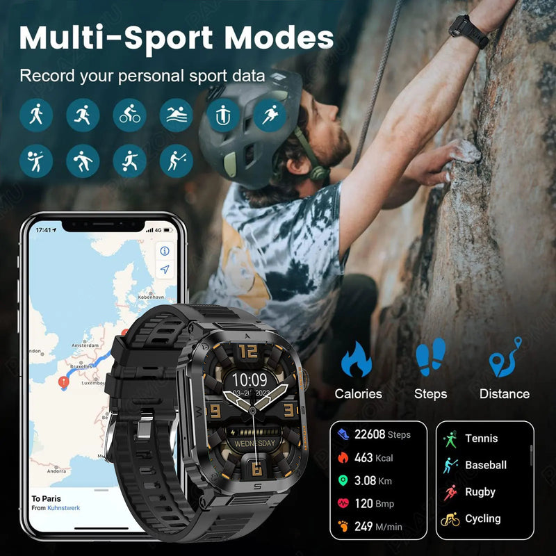 Relógio inteligente ao ar livre para homens, 400mAh bateria grande, rastreador de fitness, frequência cardíaca, IP67 impermeável, chamada bluetooth, esporte smartwatch militar