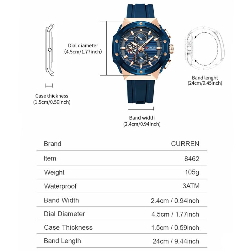 CURREN Moda Esportes Multifuncional Cronógrafo Relógio de Quartzo com Pulseira de Silicone Design Criativo Mostrador Luminoso Mãos