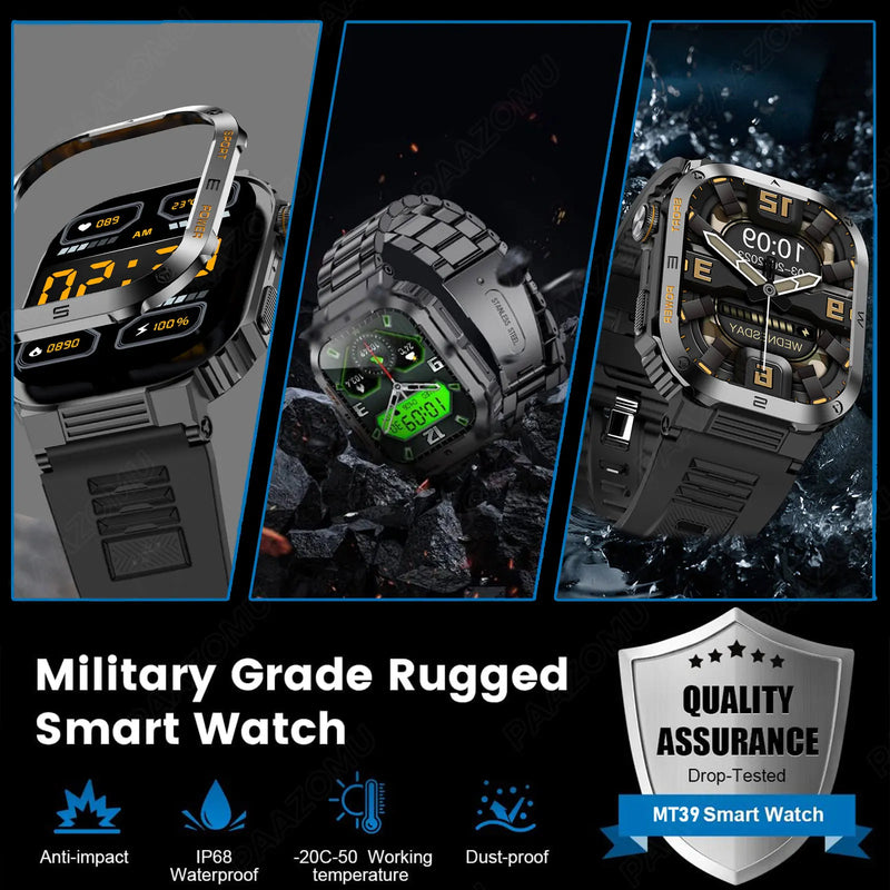 Relógio inteligente ao ar livre para homens, 400mAh bateria grande, rastreador de fitness, frequência cardíaca, IP67 impermeável, chamada bluetooth, esporte smartwatch militar