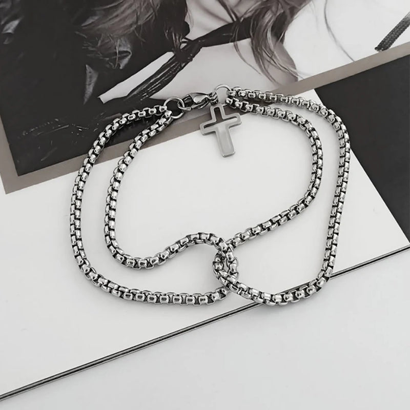 Moda masculina dupla corrente cruz oco pulseiras de pulso lagosta garra fecho pulseira de aço inoxidável hip hop punk festa jóias