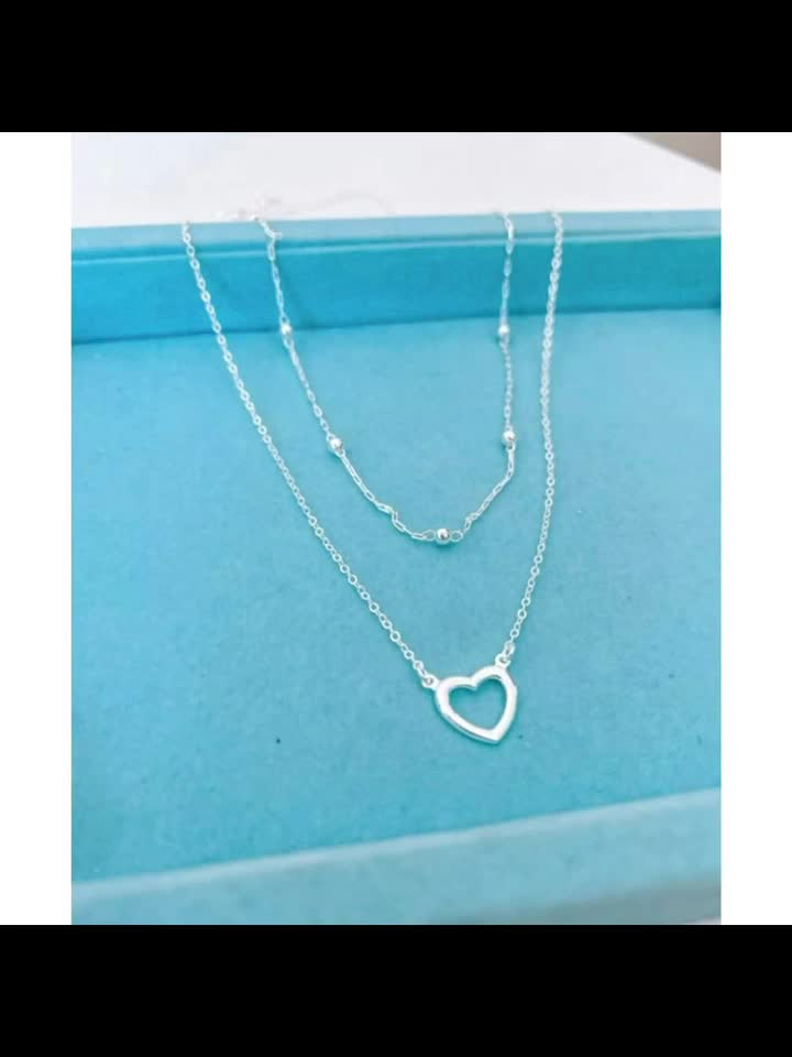 Colar duplo feminina em banhado à prata 925 e ouro 18k bolinhas e coração vazado