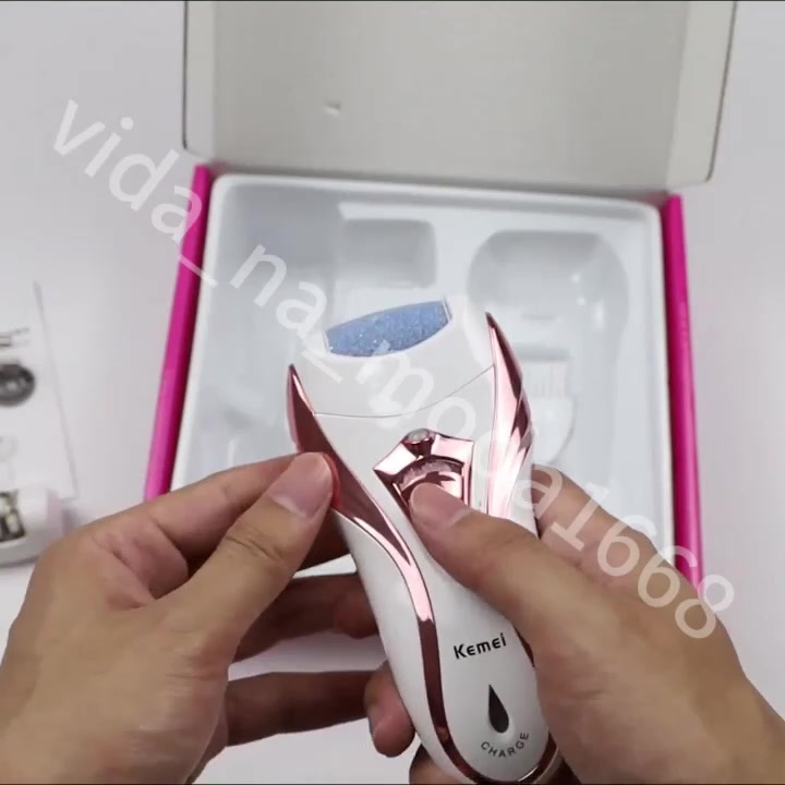 Depilador Elétrico Kemei KM-3010 Recarregável 3 em 1 Bivolt Com Lixador de pés e Aparador de pelos