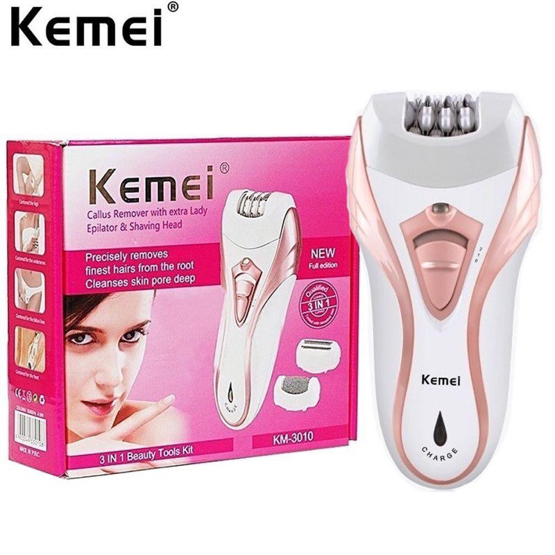 Depilador Elétrico Kemei KM-3010 Recarregável 3 em 1 Bivolt Com Lixador de pés e Aparador de pelos