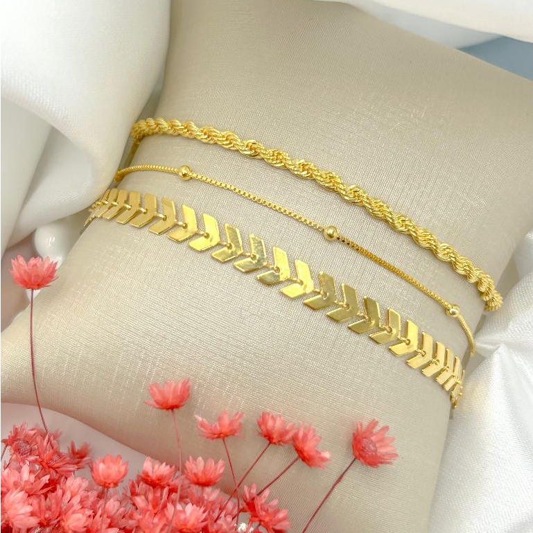 Kit 3 Pulseiras ouro 18k Folheada de Bolinha foi Cordão Baiano Conjunto Pulseira Feminina de escama de peixe