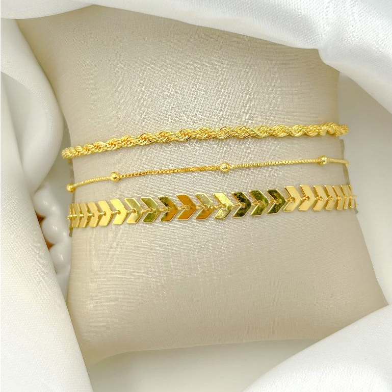 Kit 3 Pulseiras ouro 18k Folheada de Bolinha foi Cordão Baiano Conjunto Pulseira Feminina de escama de peixe