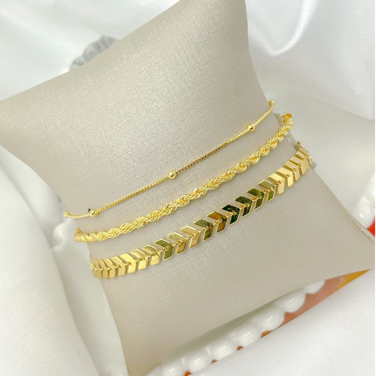 Kit 3 Pulseiras ouro 18k Folheada de Bolinha foi Cordão Baiano Conjunto Pulseira Feminina de escama de peixe