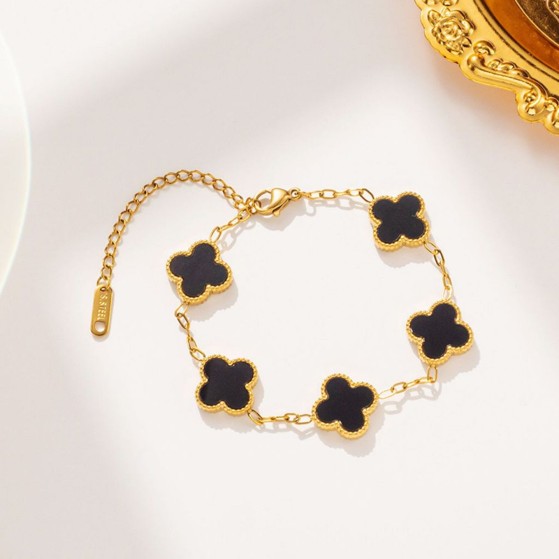 Pulseira de trevo de quatro folhas em aço inoxidável 18 com remendo de madrepérola dupla face que não desbota 17+5 cm