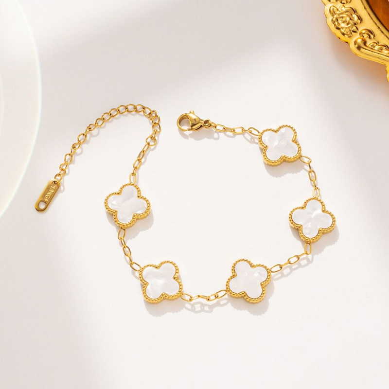 Pulseira de trevo de quatro folhas em aço inoxidável 18 com remendo de madrepérola dupla face que não desbota 17+5 cm